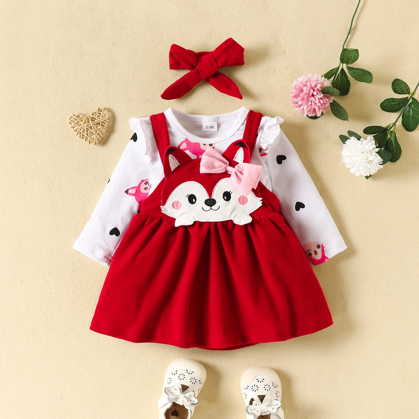 3PCS Baby Girl Fox Print Long Sleeve Onesie with Triangle Bib Fox Plush Embroidery Overall Dress Set