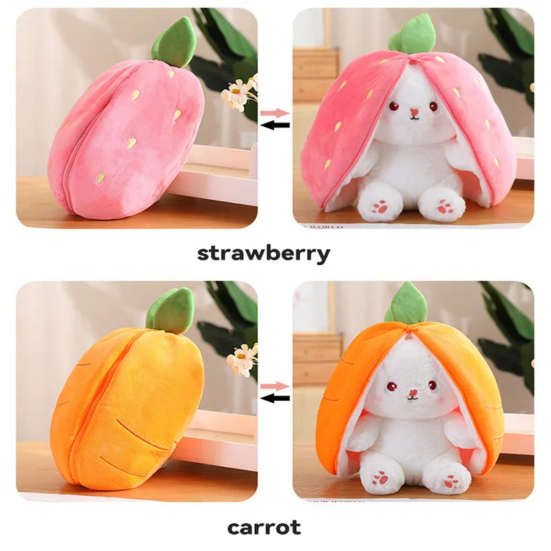 25cm Cosplay Strawberry Carrot Rabbit Plush Toy Stuffed Creative Bag into Fruit Transform Baby Cuddly Bunny Plushie Doll For Kid