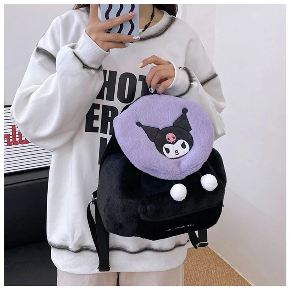 Sanrio Kuromi Melody Cartoon Cute Puppy Plush Flip Backpack Women's Casual Large Capacity Cute kawaii Cartoon School Bag Mochila