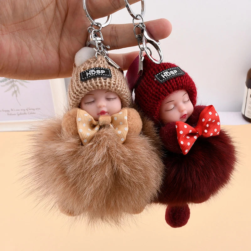 Cute Sleeping Baby Keychain Charm Cute Fluffy Plush Doll Car Keychain Fashion Women's Bag Charm Backpack Decoration Gift