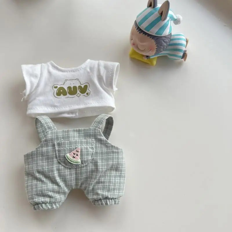 17cm Mini Plush Doll'S Clothes Outfit Accessories For Korea Kpop Exo Labubu Idol V1 V2 Casual plaid overalls Clothing Gift