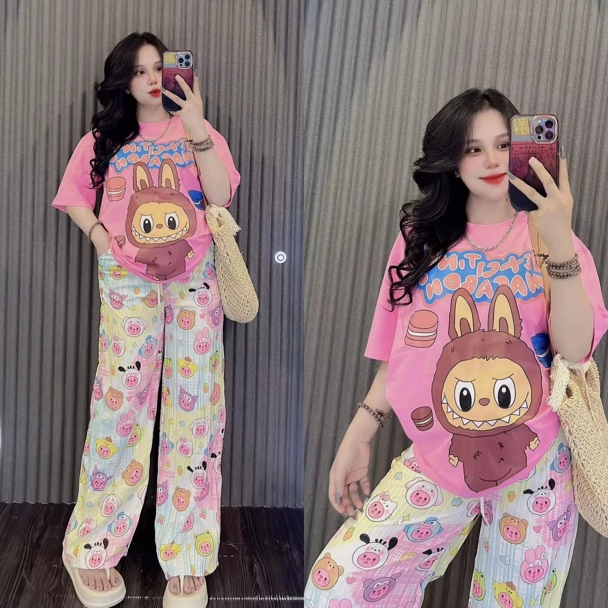 New Labubu Print T-Shirt And Pants Anime Cartoon Short Sleeved Shirt Casual Fashion 2pcs Set Kawaii Cute Woman Outdoor Clothing