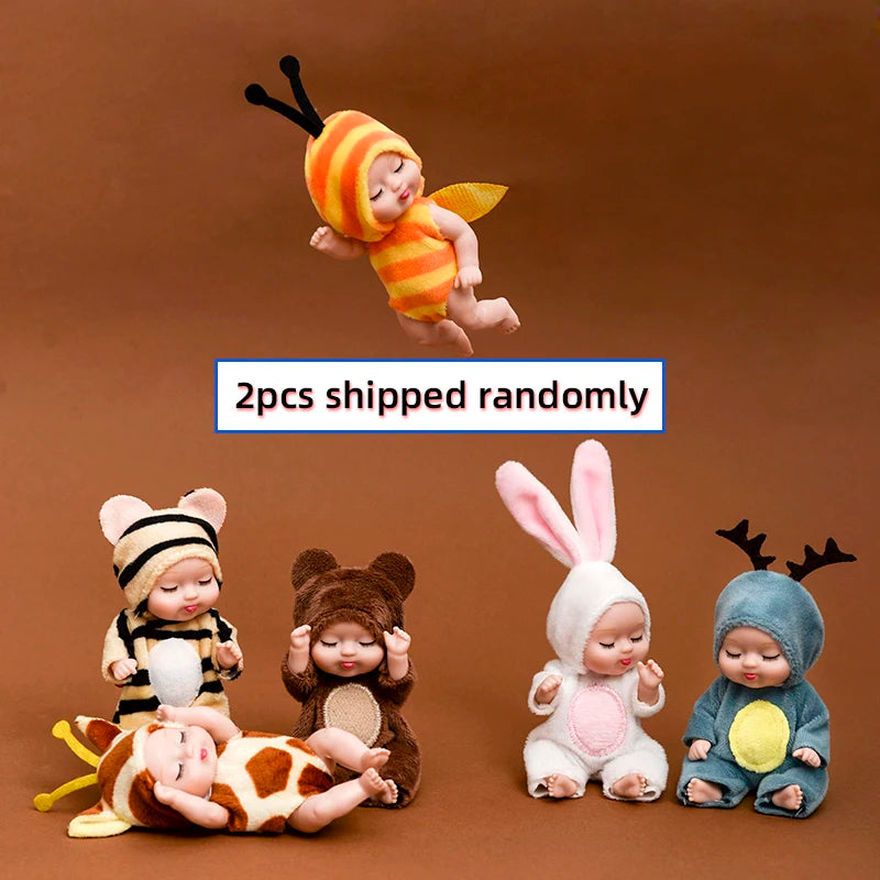 2pcs 13cm Sleep Baby Doll New Fashion Simulation Rebirth Dolls Mini Cute Doll Cartoon Animal Kids Toy for Children Birthday Gift