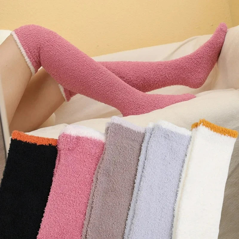 Winter Warm Coral Fleece Over-knee High Socks for Women Plush Home Sleep Floor Long Socking Jk Solid Soft Thigh High Fun Sock