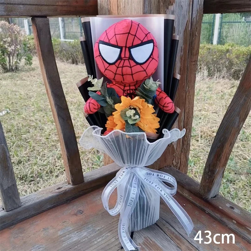 Animation Super Hero Spider Plush Doll With Rose Flower Bouquets Soft Stuffed Kids Graduation Christmas Day Birthday Gifts