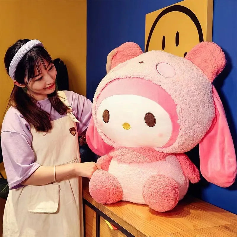 Large Sanrio My Melody Turned Into A Panda Pillow Stuffed With Kawaii Doll Plush Toy Kuromi Hello Kitty Plush Gift.