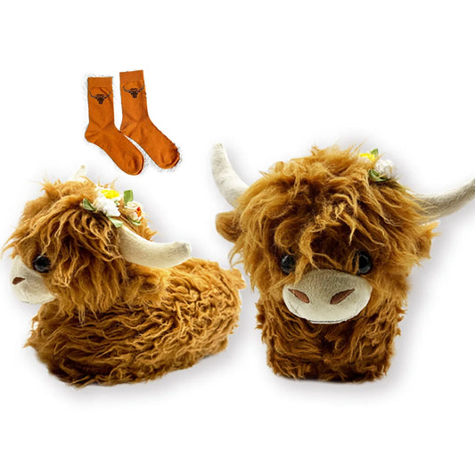 TreasuringU Highland Cow Plush Slippers with Stocks Animals Cow Slippers Kawaii Adult Kids Home Slippers Cattle Christmas  Shoes