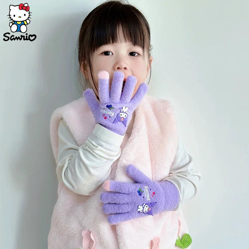 Kawaii Sanrio Gloves Children's Warm Gloves Kuromi Melody Winter Plush Thickened Full Fingers Mitten Accessories Christmas Gifts