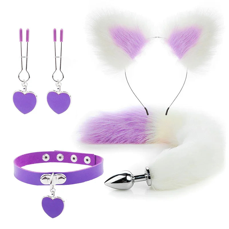 Anal Sex Toys Fox Tail Butt Plug Sexy Plush Cat Ear Headband With Bells Necklace Set Massage Sex toys For Women Couples Cosplay