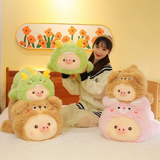 Cute Animal Pig Plush Toys Soft Stuffed Pig Cartoon Turn Into Dinosaur Rabbit Doll Sofs Home Decor Sleeping Pillow Birthday Gift