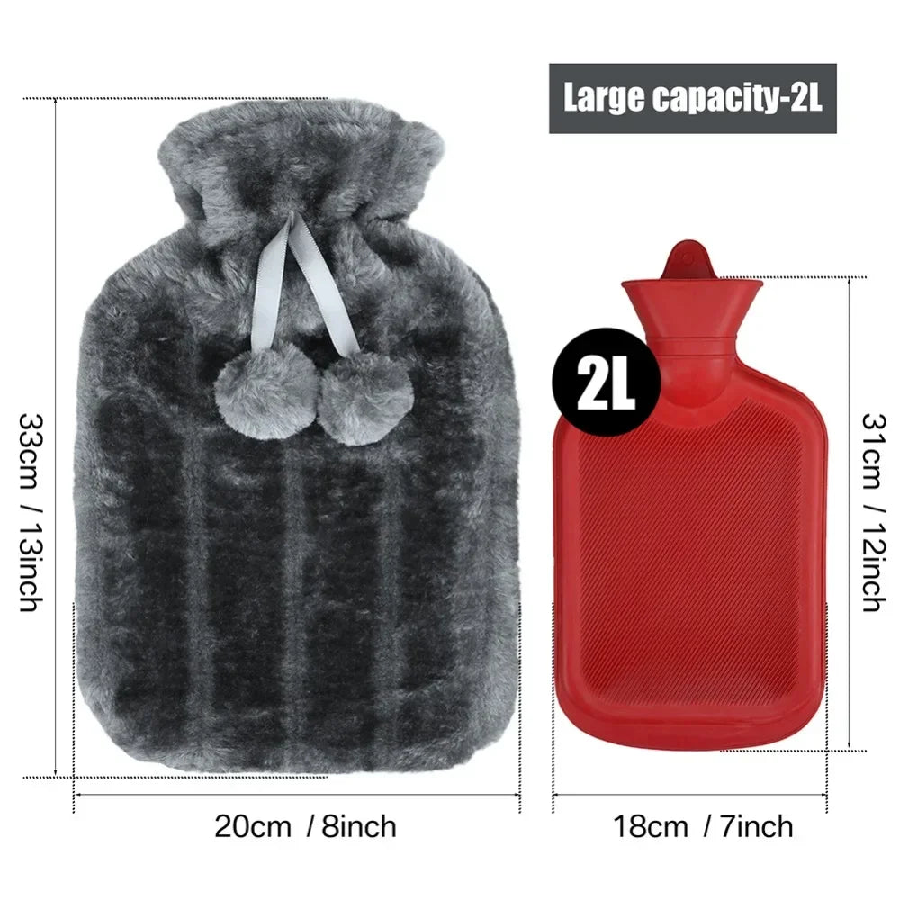 2000ml  Large Hot Water Bag with Thickened Plush Cover Hand Warmer Heat Pack Belly Instant Heat Winter Reusable Heating Bottle