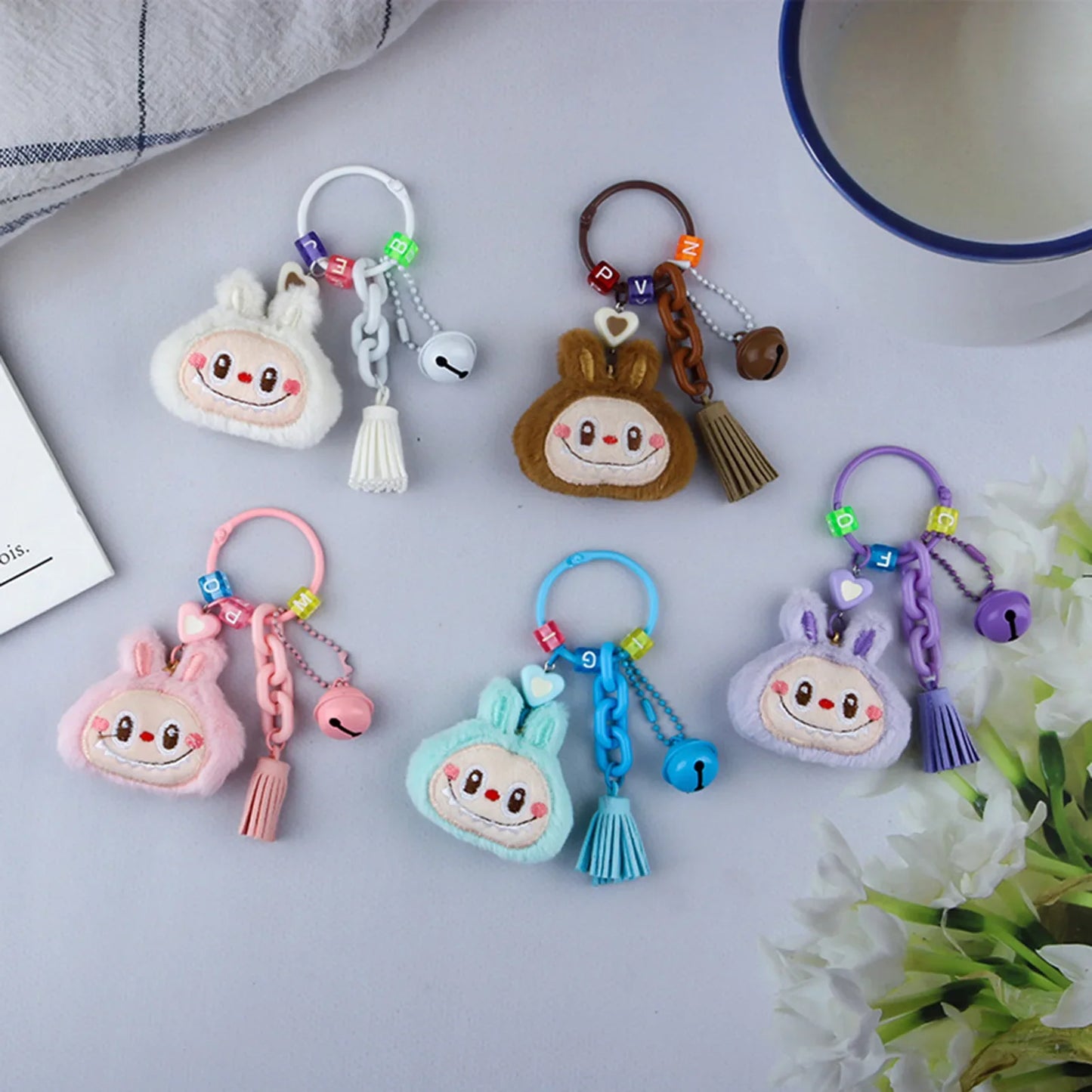 New Labubu Keychain Pendant Kawaii Cartoon Plush Doll with Bell Ornaments Backpack Hanging Pendant New Year Gifts