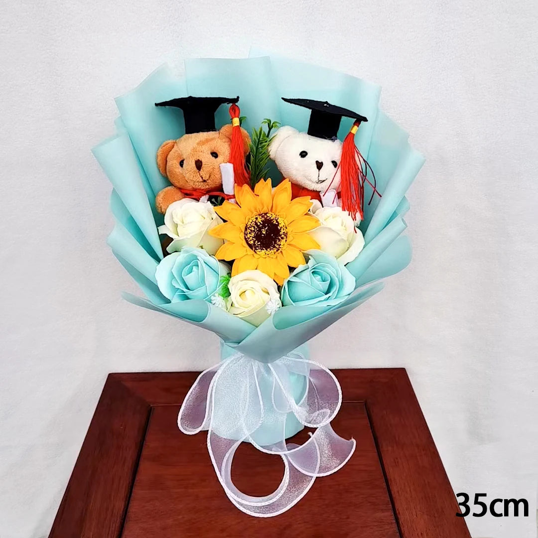 Teddy Bear Plush Graduation Flower Bouquet With Soap Rose Flower Birthday Sunflower Stuffed Animals Valentine's Day Gifts