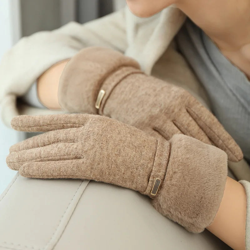 Winter Women Keep Warm Plus Velvet Touch Screen Thicken Plush Wrist Suede Gloves Fashion Personality Elegant Drive Cycling