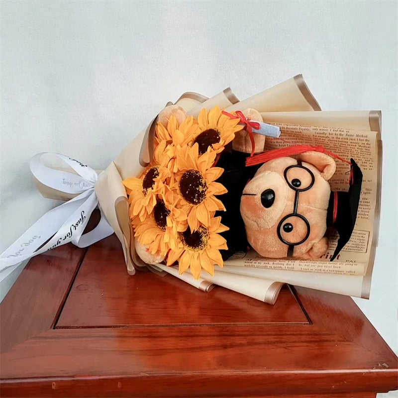 Doctor Teddy Bear Stitch Plush Bouquet Toys with Sunflower  Cute Teddy Bear Doll Student Graduation Souvenir Birthday Gifts