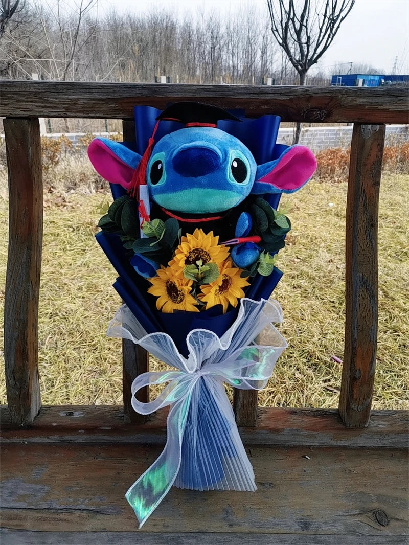 Hot Lilo & Stitch Graduation Plush Bouquet Toys with Sunflower Anime Stuffed Animals Student Graduation Souvenir Birthday Gift