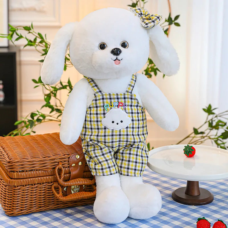 35/50/65cm Lovely Soft Stuffed Sitting White Dog Wearing Plaid Overalls Plush Animals Dog Doll Room Decor For Kids Birthday Gift