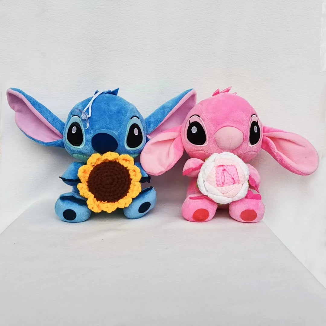 Disney Stitch Stuffed Plush Dolls Hand Woven Sunflower Rose Cartoon Stuffed Anime Blue Pink Plush Toys Christmas Birthday Gift