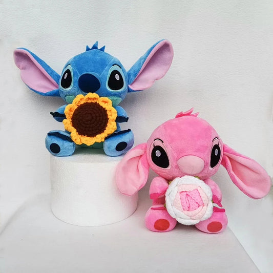 Disney Stitch Stuffed Plush Dolls Hand Woven Sunflower Rose Cartoon Stuffed Anime Blue Pink Plush Toys Christmas Birthday Gift