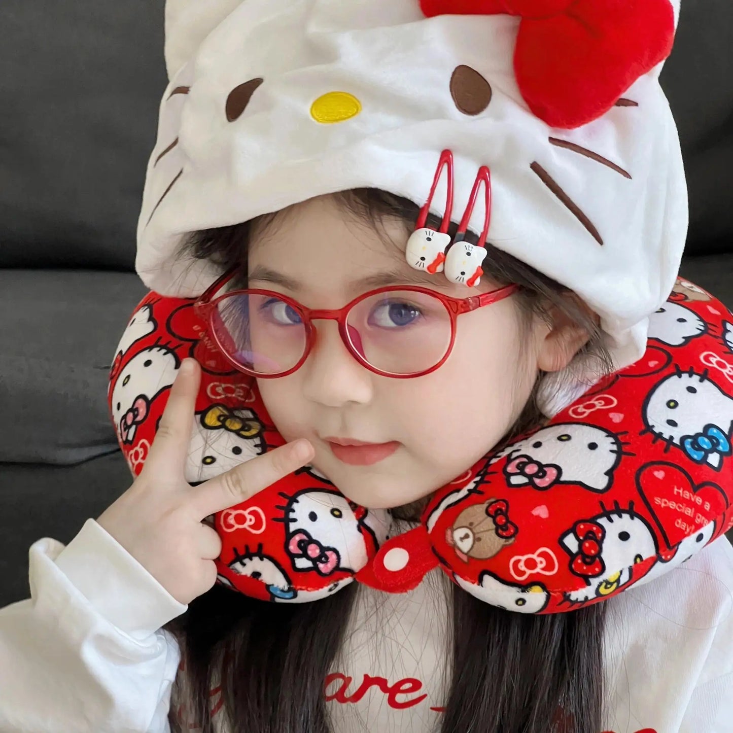 Sanrio Kawaii Hello Kitty U-shaped Neck Pillow With Hat Travel Pillow Hooded Blackout Office Car Hello Kitty Girl Gifts