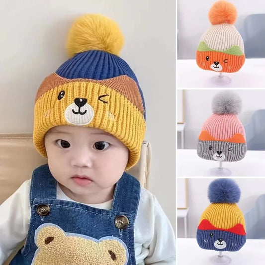 Soft Fluffy Baby Pompom Pullover Hat Cartoon Type Warm Baby Knitted Cap Plush Fluffy Windproof Winter Baby Earmuffs