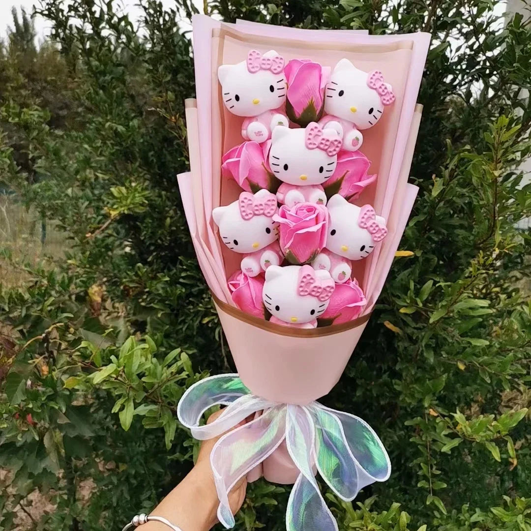 Pink Hello kitty Plush Toys With Soap Rose Flower Creative Bouquets Kawaii Stuffed Animals Doll Valentine's Day Christmas Gifts