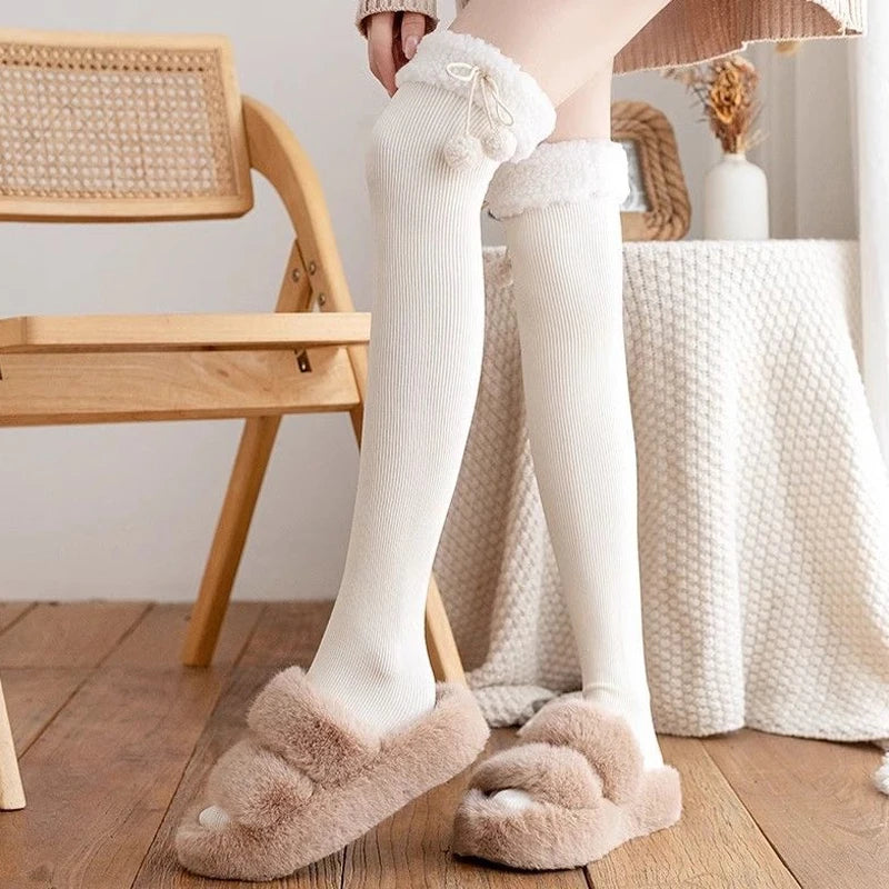 Japanese Vertical Stripe Plush Stockings Autumn Winter Cute Tights Kawaii Lamb Fur Wool Ball Calf Socks Lolita Knee High Socks