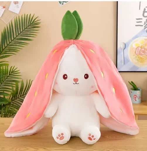 25CM Cute Transform Strawberry Rabbit Doll Plush Toy Carrot Rabbit Small Fruit Doll Bunny Birthday Gift for Girls Kids Boys