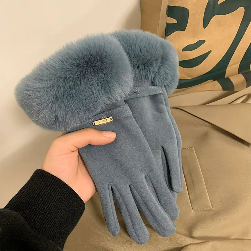 Winter Women Keep Warm Plus Velvet Touch Screen Thicken Plush Wrist Suede Gloves Fashion Personality Elegant Drive Cycling