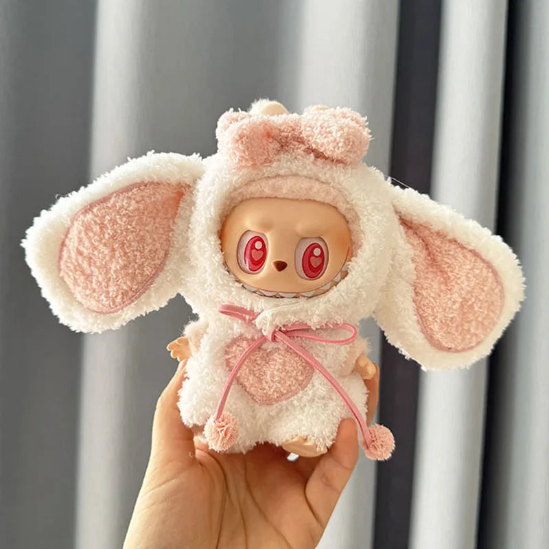 Mini Doll'S Clothes Outfit Accessories For Labubu Idol 1st 2nd generation big-eared White Pink Rabbit Overalls Clothing Gift