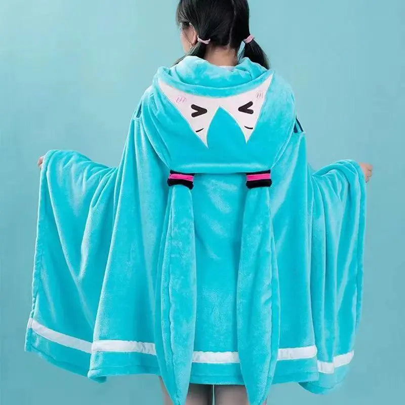 Kawaii Hatsune Itabag Multi Functional Hooded Air Conditioning Blanket Soft And Warm Siesta Shawl Miku Flannel Cloak Gift