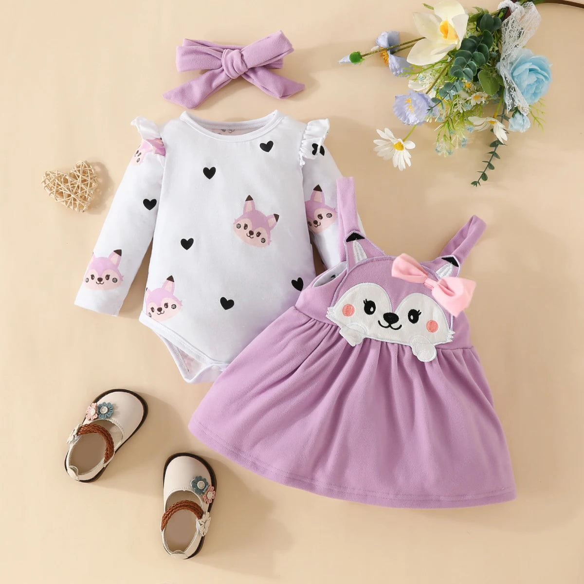 3PCS Baby Girl Fox Print Long Sleeve Onesie with Triangle Bib Fox Plush Embroidery Overall Dress Set