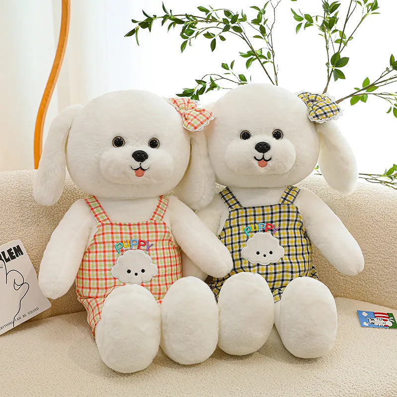 35/50/65cm Lovely Soft Stuffed Sitting White Dog Wearing Plaid Overalls Plush Animals Dog Doll Room Decor For Kids Birthday Gift