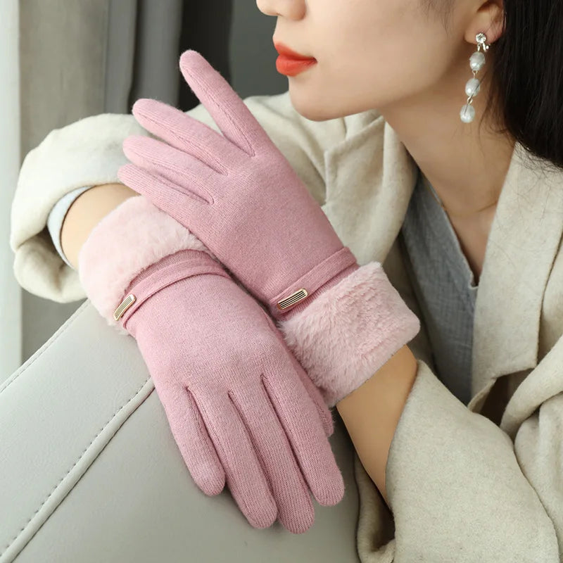 Winter Women Keep Warm Plus Velvet Touch Screen Thicken Plush Wrist Suede Gloves Fashion Personality Elegant Drive Cycling