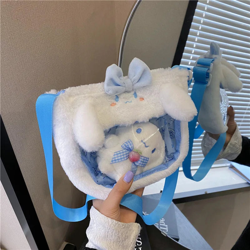 New Kawaii Sanrio Plush Transparent Messenger Bags Cinnamoroll Melody Kuromi Cartoon Doll Hello Kitty Birthday Gift Handbag