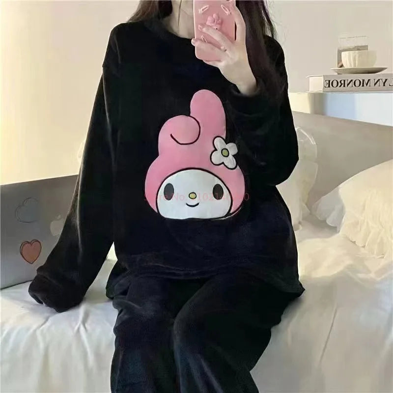 New Sanrio Kuromi Pajama Sets Women Winter Warm Plush Cute Sleepwear Print Pajama Cartoon Home Clothes Valentine'S Day Gift Soft