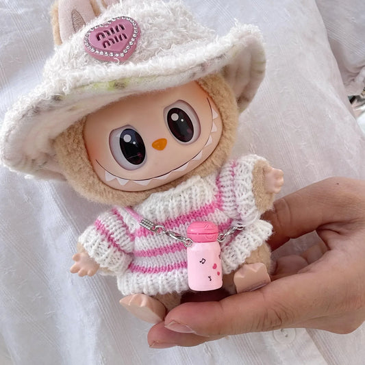 Mini Doll'S Clothes Outfit Accessories For Korea Labubu V1 V2 Idol sitting party pink and white striped sweater cup Clothing