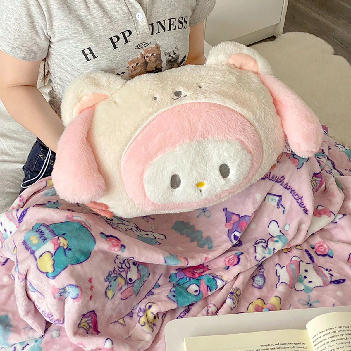 Sanrio My Melody Pochacco Turn Into White Bear Plush Toy Comfortable Stuffed Anime Pillow Blanket Back Cushion Xmas Gifts