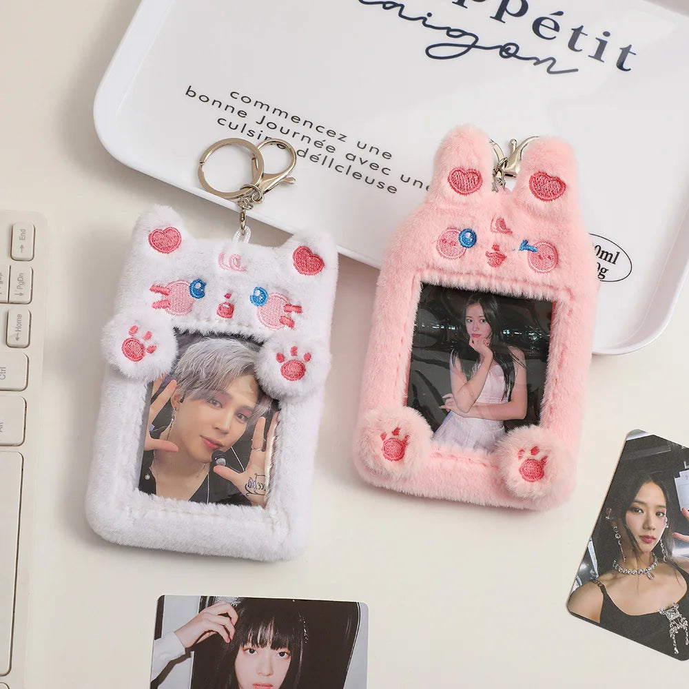 INS Cute Plush Dog Rabbit Photocard Holder Keychain Kpop Idol Photo Card Case Photo Bank Card Protective Case Display Holders