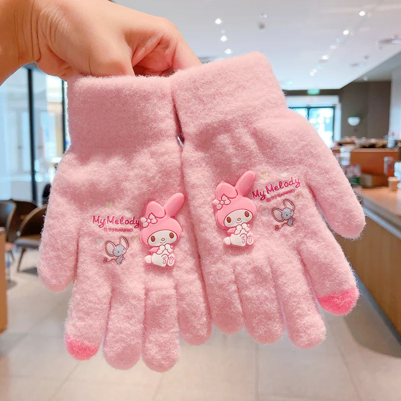 Kawaii Sanrio Gloves Children's Warm Gloves Kuromi Melody Winter Plush Thickened Full Fingers Mitten Accessories Christmas Gifts