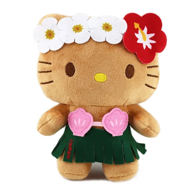 Kawaii Sanrio Plush Pendant Cartoon Hawaiian Black Skin Series Soft Pp Cotton Hello Kitty Plush Keychain Pendant for Girls Gifts