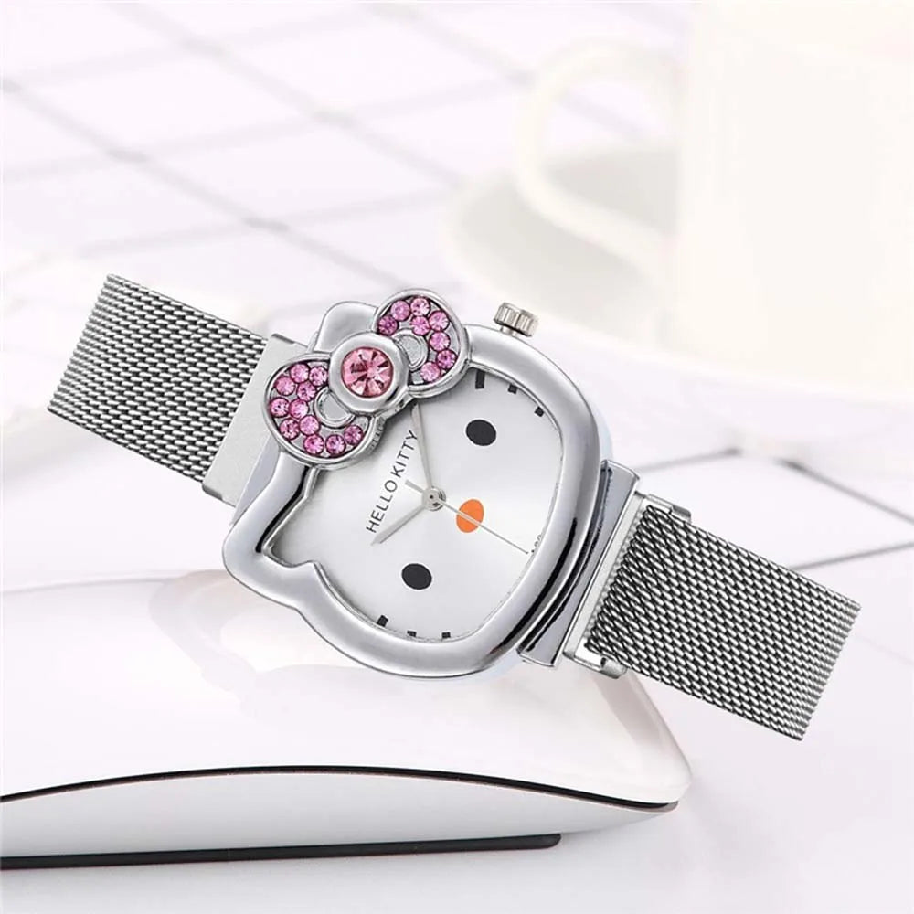 Hot Selling Sanrio Steel Band Watch Simple Cartoon Hello Kitty Cat Watch Women's Leisure Kitty Watch Cute Children's Quartz Watc