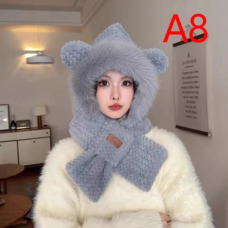 Winter Women Novelty Beanies Caps Warm Bear Ear Hat Casual Plush Hat Scarf Set Casual Solid Color Women Caps Present