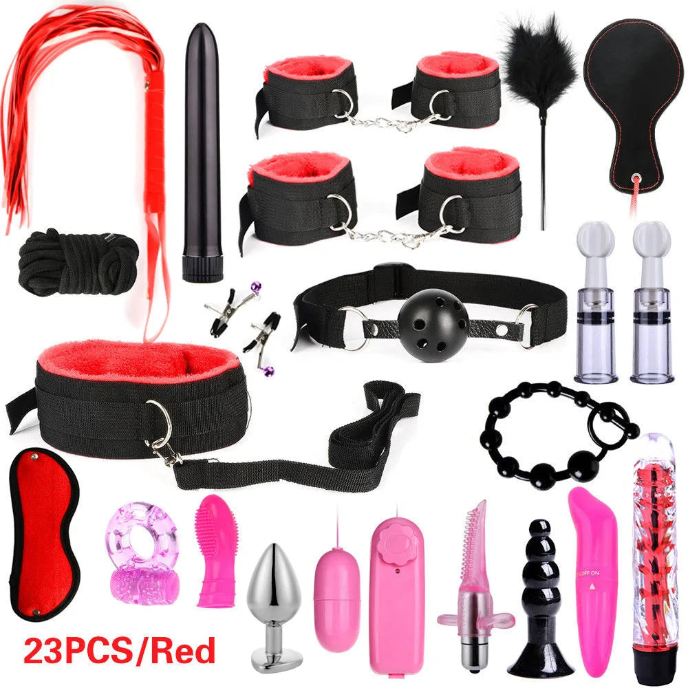 Sexy Nylon BDSM Kit Plush Sex Bondage Sex Toys for Women Set Handcuff Exotic Accessories Sex Games Whip Nipple Clamp Sex Toys 18