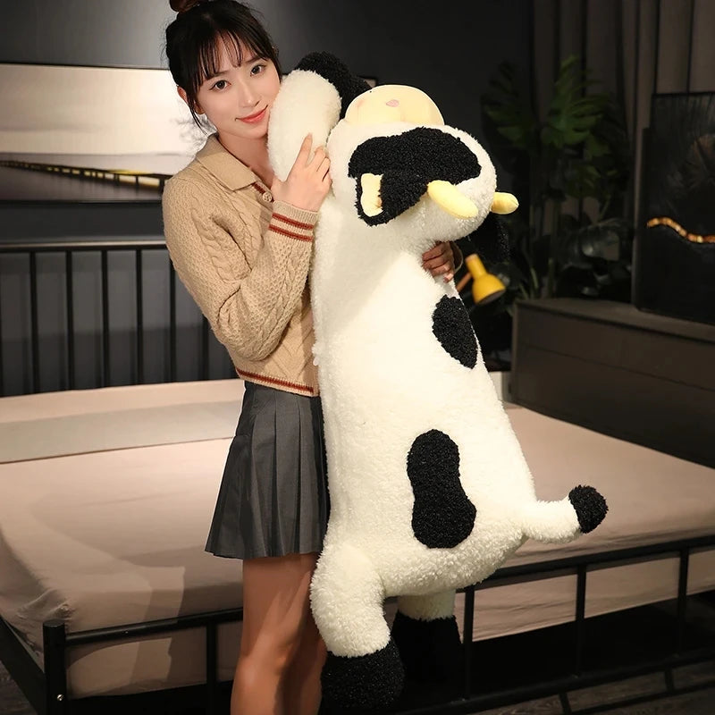 90/110cm Lovely Giant Lying Cow Long Plush Throw Pillow Stuffed Animal Milk Cattle Doll Bed Sleeping Pillow Cushion Home Decor