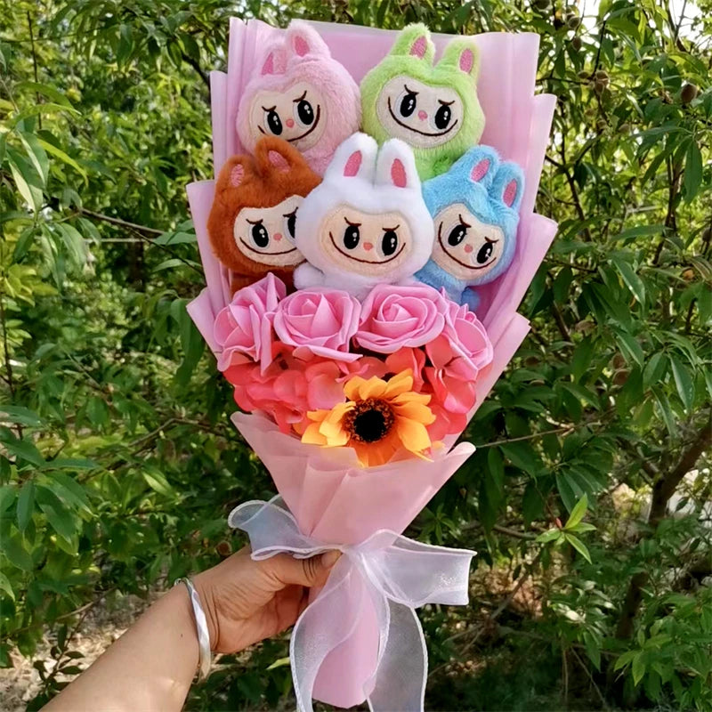 New Labubu The Monsters Box Plush Bouquet  Doll Toy With Sunflower Artificial Flower Bouquet Cartoon Valentine's Day Gifts