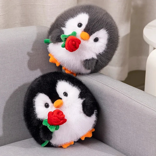 Fluffy Round Penguin Plush Toys Stuffed Baby Doll Animal Couple Penguin Holding Rose Hug Sleep Pillow Creative Birthday Gifts