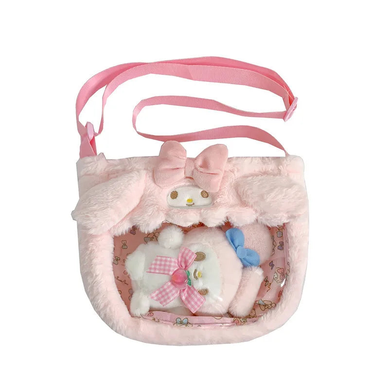 Kawaii Sanrio Plush Bags Cinnamoroll Melody Kuromi Crossbody Bag Cartoon Transparent Plushie Handbag Hello Kitty Stuffed Backpac