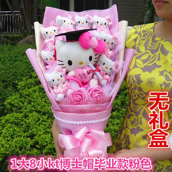 Kt Hello Kitty Plush Stuffed Bouquet With Graduation Hats Handmade  Doll Cute Soap Flower Rose Flower Bouquet Birthday