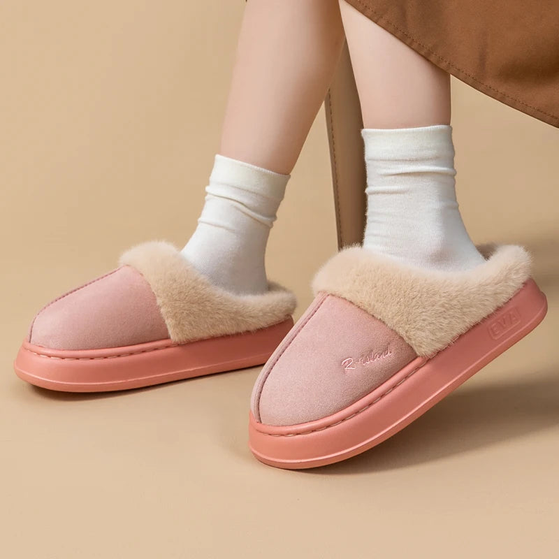 New Winter Cosy Warm Couple Style Concise Fluffy Slippers Women Men Non-slip Soft Slides Indoor Mule Ladies' Home Cotton Shoes